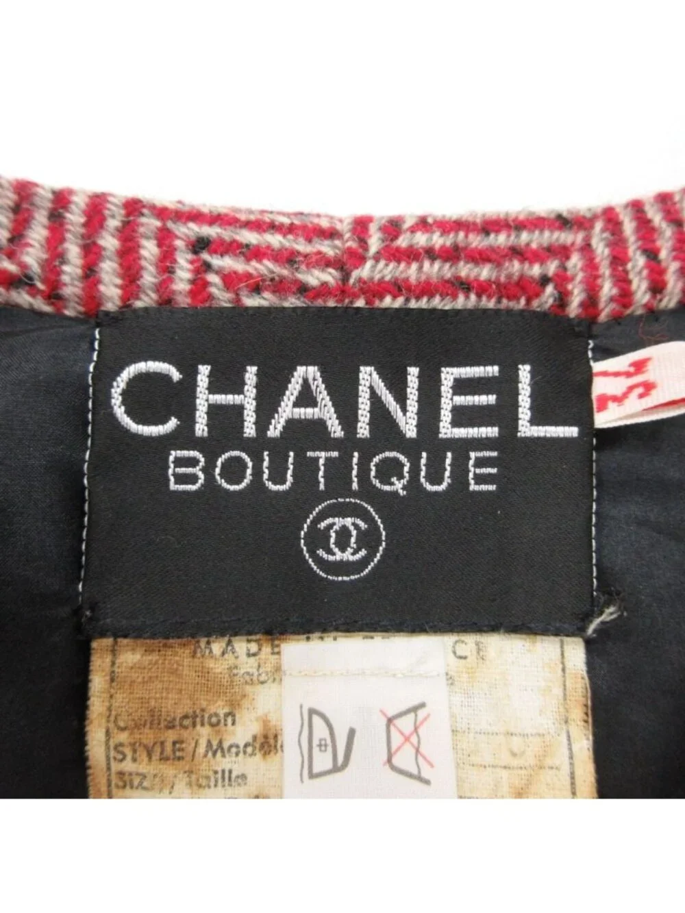 Chanel Collarless Jacket Tweed Trimming Herringbone Pattern CC Logo Gold Button
